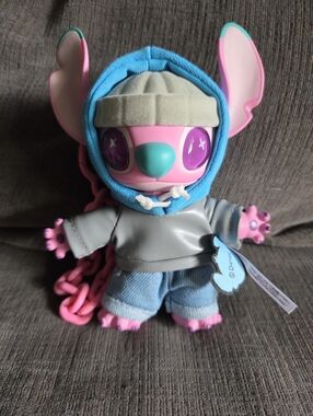 Pink Vinyl Stitch Doll with Teal Hood and Gray Jacket